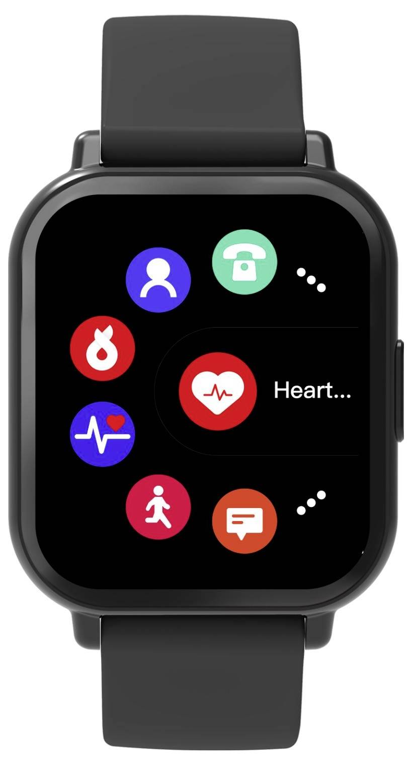 Smartwatch-homescreen met app-pictogrammen voor profiel, vergrendeling, hartslag, fitness, berichten en meer op een zwart scherm.