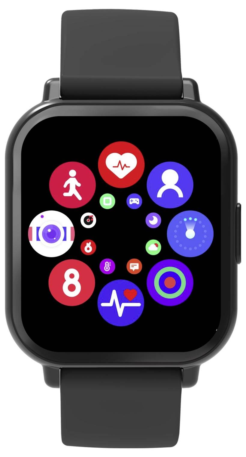 Zwart smartwatch met een vierkant scherm dat een verzameling kleurrijke gezondheids- en app-pictogrammen op het display toont.