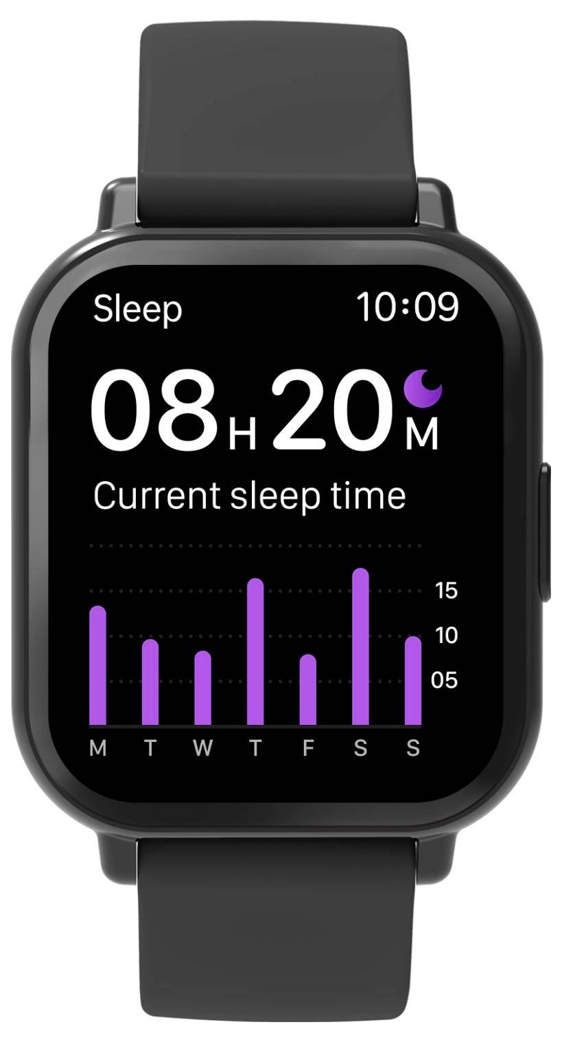 Smartwatch-scherm voor slaapmonitoring met huidige slaaptijd van 08u20m om 10:09, met een wekelijkse paarse staafdiagram met de labels M T W T F Z Z.