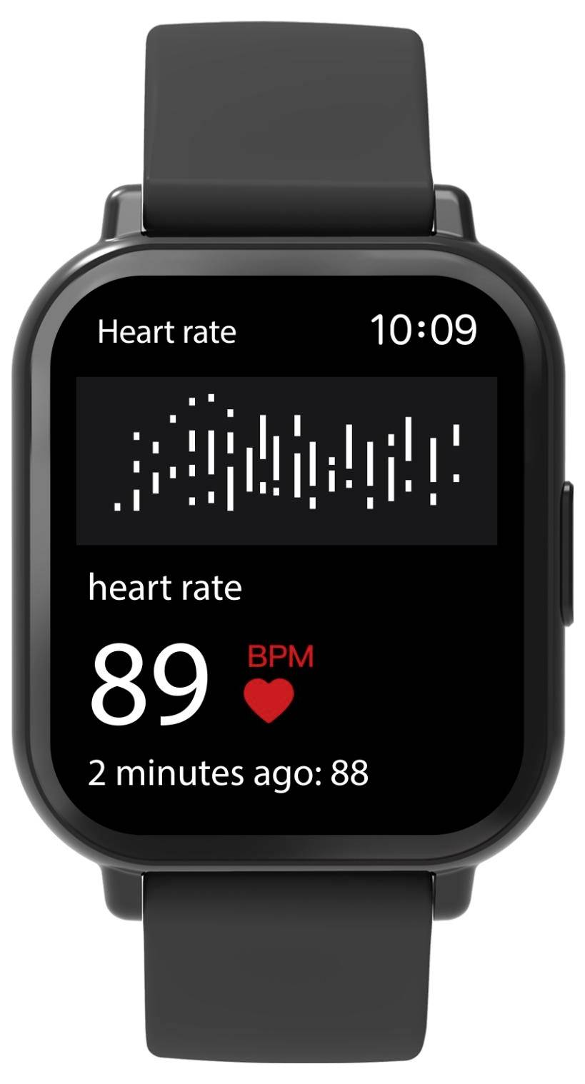 Smartwatch hartslag scherm met 89 BPM weergegeven met een hartpictogram, een staafvormige aflezing erboven, en '2 minuten geleden: 88' om 10:09.