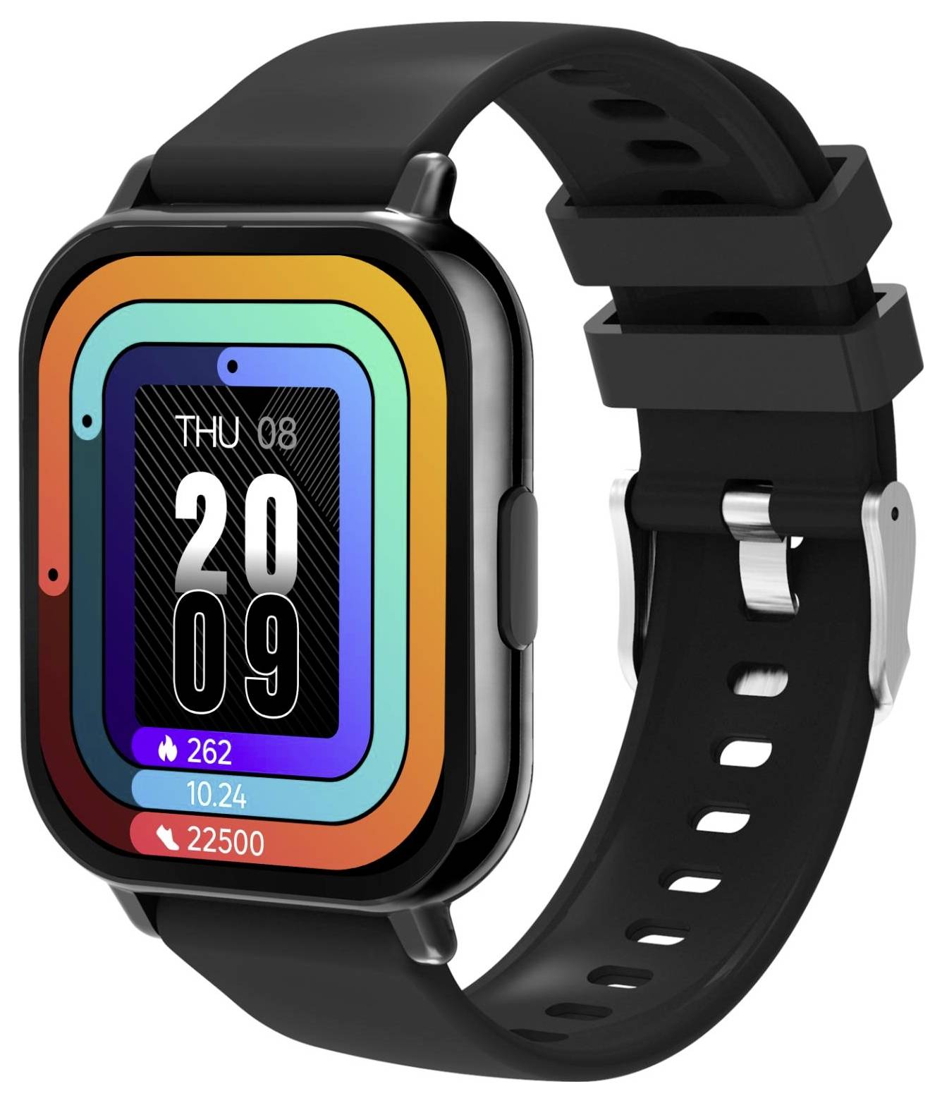 Zwart smartwatch met een vierkant scherm met 'THU 08' en tijdaanduiding '20 09', gekleurde regenboogstijl rand, en zwart siliconen bandje.