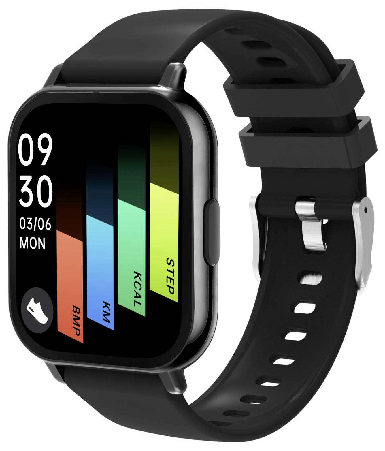 Zwart smartwatch met vierkant scherm met weergave van 09:30 en gekleurde fitnessstaven met labels BPM, KM, KCAL en STEP op een zwart bandje.