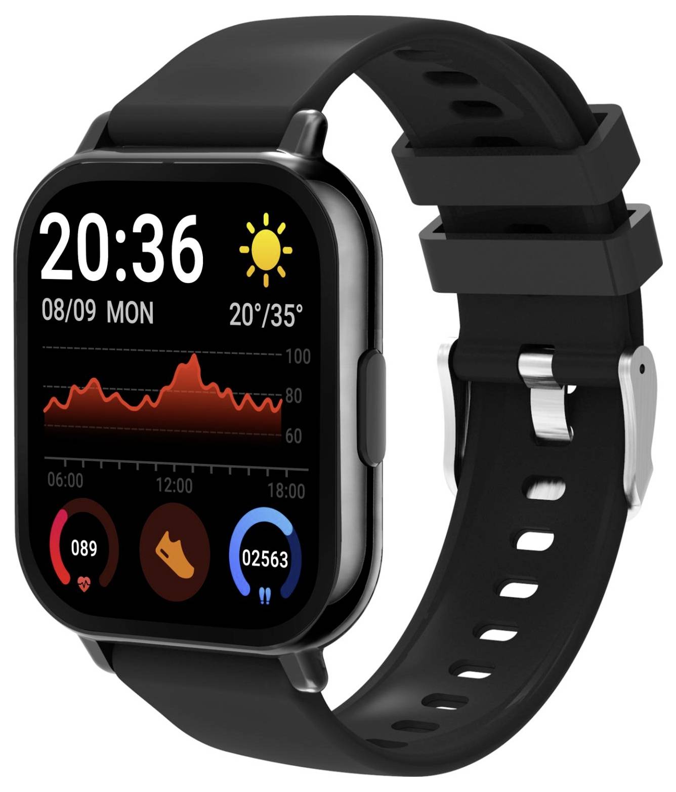 Zwart smartwatch met vierkant touchscreen dat 20:36 toont, weer, datum, hartslaggrafieken stappenteller-/activiteitenpictogrammen op een zwart bandje.