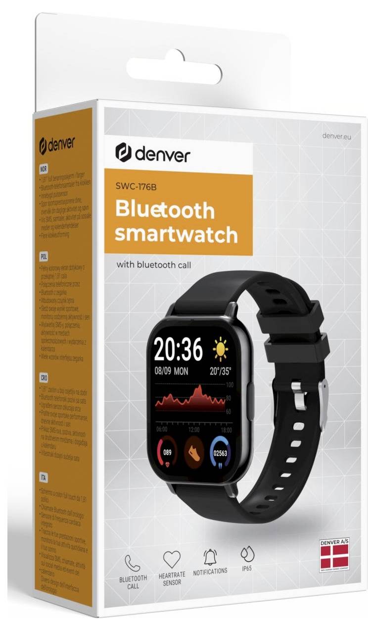 Verpakkingsdoos voor een Denver SVC-176B Bluetooth smartwatch, met weergave van het horloge met bel- en gezondheidsfuncties en een frontdisplay met tijd- en activiteitsgegevens.