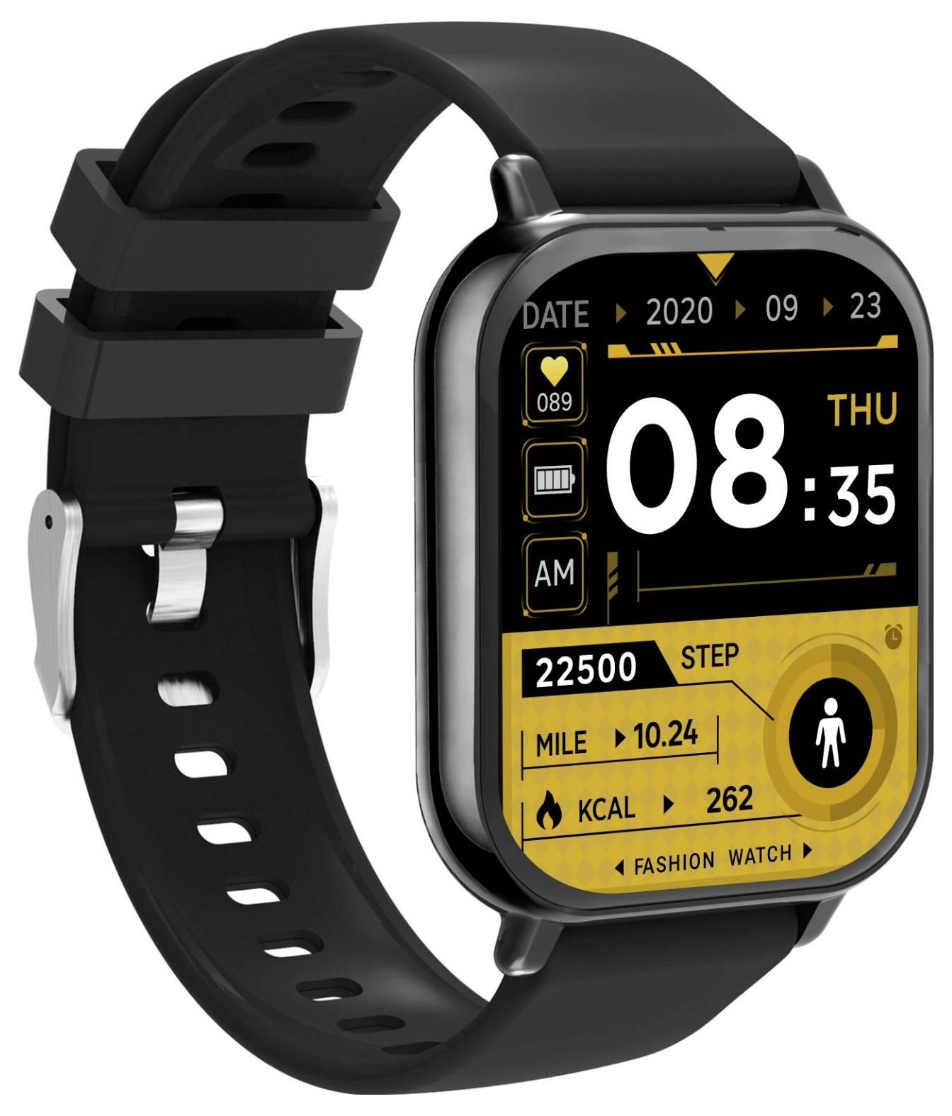 Zwart vierkant smartwatch met zwart bandje dat een geel-en-zwart fitnessschermpje toont, digitaal tijdstip 08:35, datum 2020-09-23, stappen, mijlen en calorieën.
