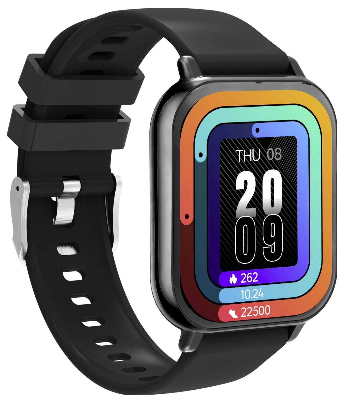 Zwart smartwatch met een kleurig vierkant display met daarop 'THU 08' en de tijd 20:09, plus hartslag 262, tijd 10:24 en stappen 22500.