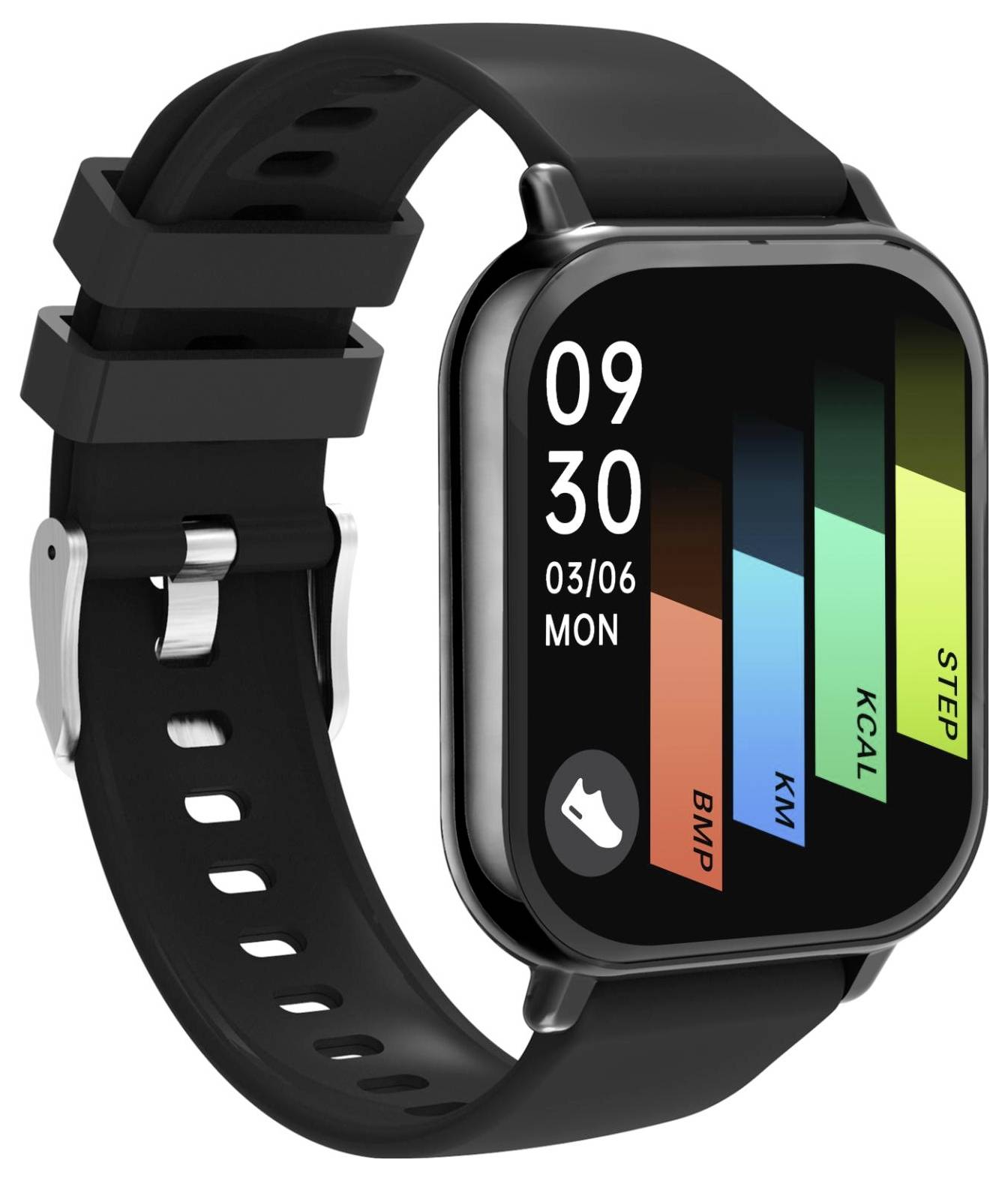 Zwart smartwatch met een zwart bandje, met 09:30 en 03/06 MON op een kleurrijk fitnessstyle-display.