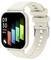 Beige smartwatch met vierkant display met daarop 09:30, 03/06 MON, en gekleurde fitnessstaven gelabeld als BWP, KM, KCAL, en STEP.