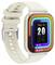 Beige vierkant smartwatch met geperforeerde band, met kleurrijk digitaal wijzerplaat met datum, tijd, stappen, calorieën en hartslag.