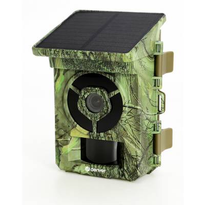 Camouflage wildcamera voor wandelpaden met zonnepaneel bovenop, frontlens en bewegingssensorvenster, ontworpen voor buitenmonitoring.