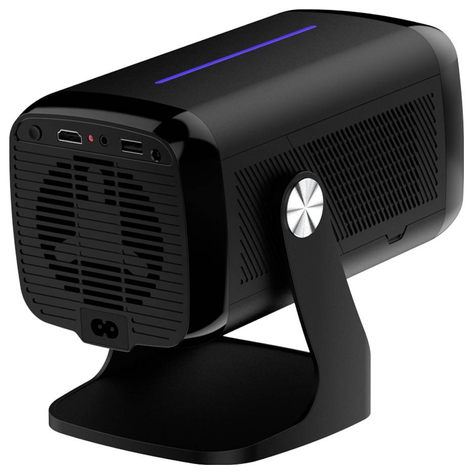 Zwarte draagbare desktopbeamer op een standaard, weergegeven onder een hoek van voren-links met lensrooster, poorten en een blauwe statuslamp bovenop.