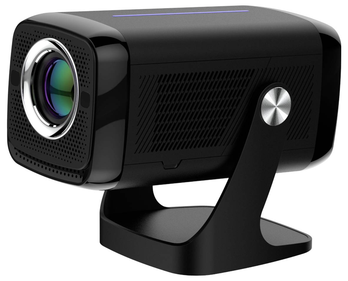 Zwarte multimediaprojecteur op een zwenkbare standaard, weergegeven in driekwartaanzicht met een prominente lens aan de voorkant.