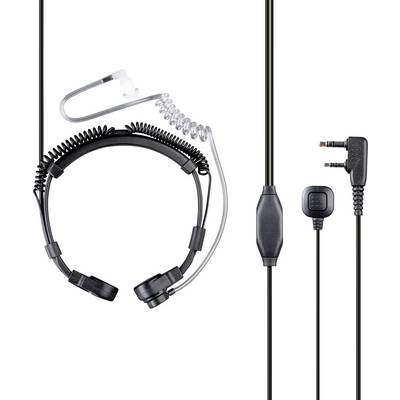 Zwarte in-ear koptelefoon met opgerolde en doorzichtige akoestische buis, inline push-to-talk knop en haakse 2-pins stekker voor radiocommunicatie.