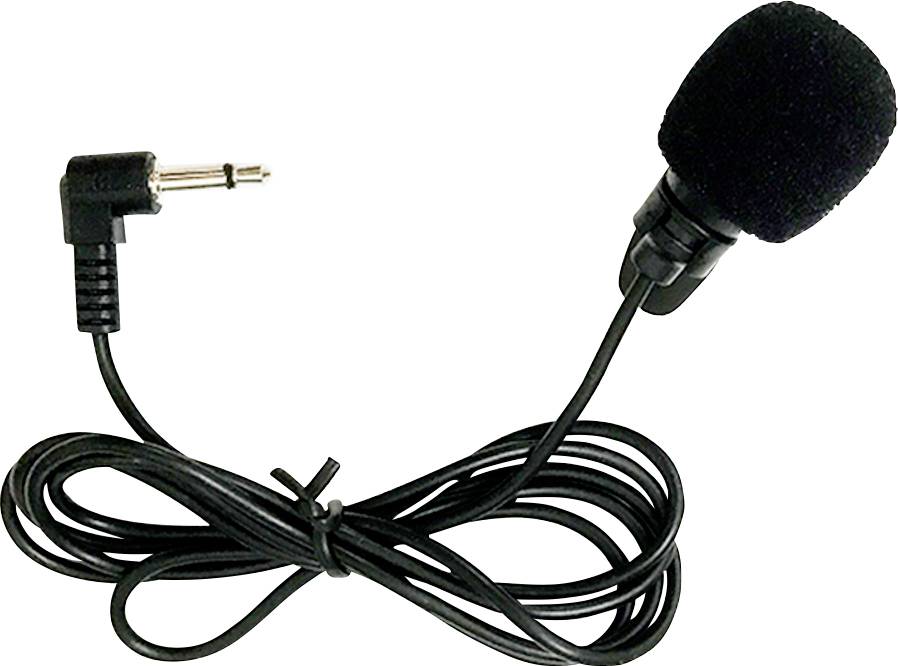 Zwarte bedrade lavalier-microfoon met schuimwindscherm en hoekige 3,5 mm-stekker, spiraalvormige kabel op witte achtergrond