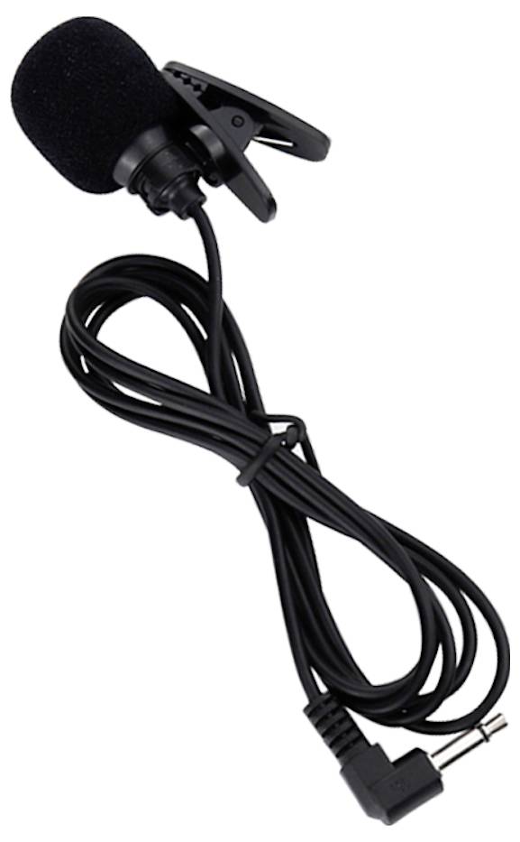 Zwarte clip-on lavalier-microfoon met schuimwindscherm en lange spiraalvormige kabel met rechtzijdig 3,5 mm-stekker aan het uiteinde.