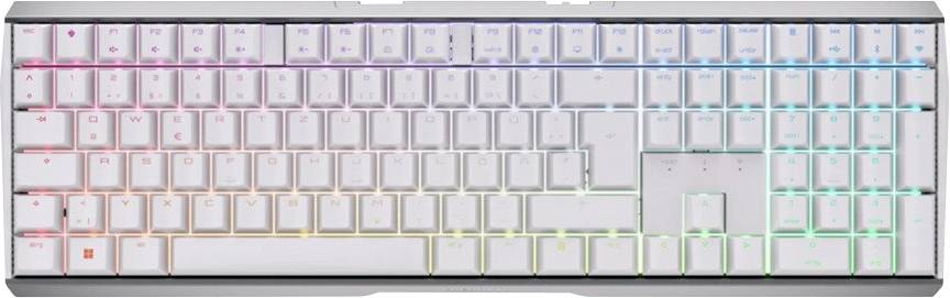 Volledomains wit mechanisch toetsenbord met RGB-achterverlichting, inclusief een numeriek toetsenblok en compacte navigatiegroep.