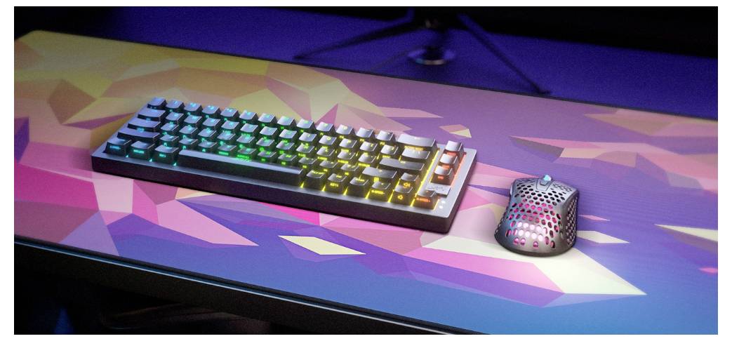 RGB mechanisch toetsenbord en gaming muis op een kleurrijk geometrisch muismat op een bureau.