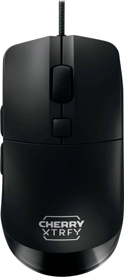 Zwarte bedrade Cherry Xtrfy-computerruis met scrollwiel en twee knoppen, weergegeven op een witte achtergrond.