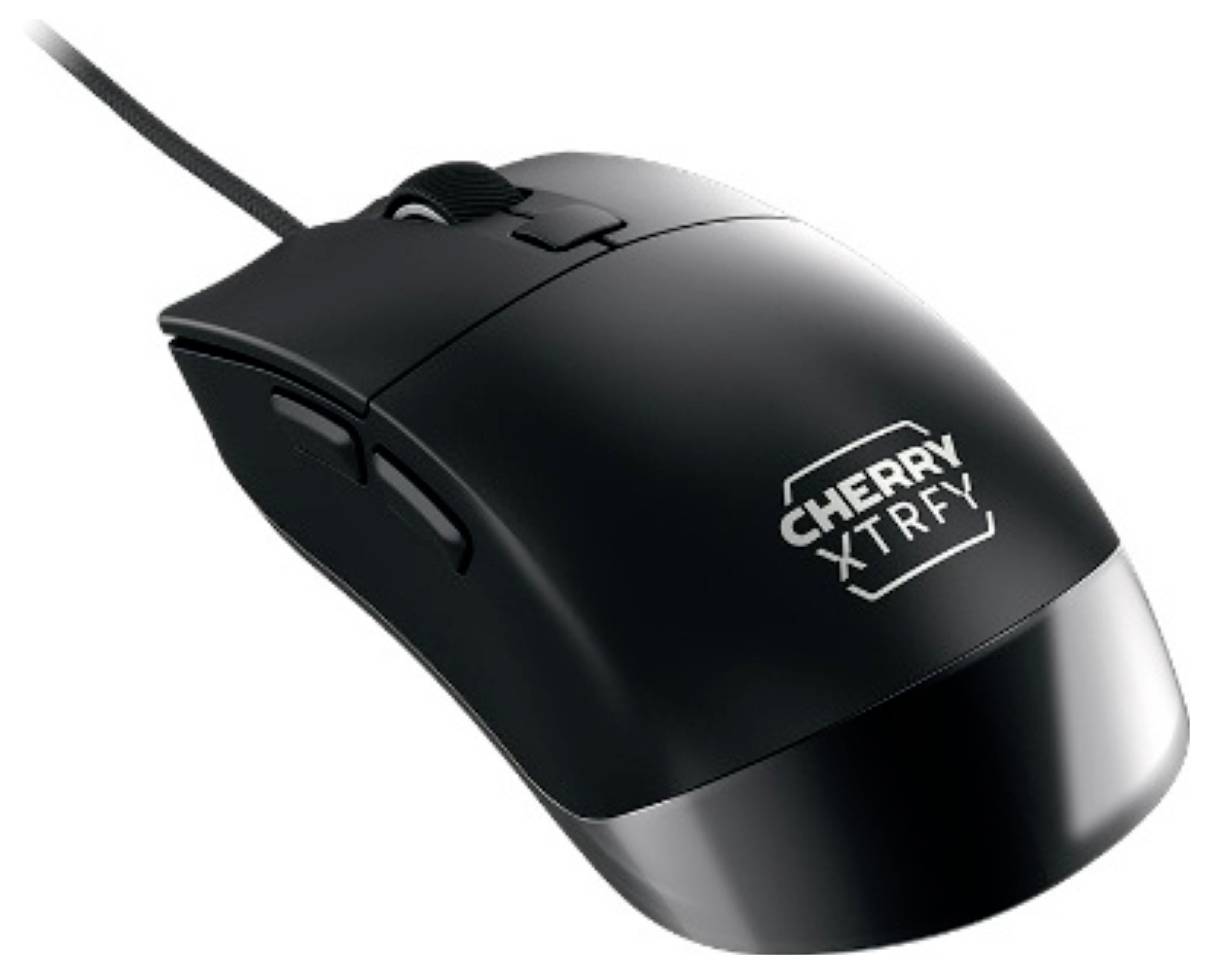 Zwarte bedrade computermuis met CHERRY XTRFY-logo op de bovenkant, weergegeven op een witte achtergrond.