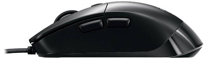 Zijkant van een zwarte bedrade computermuis met twee hoofdknoppen en een scrollwiel.