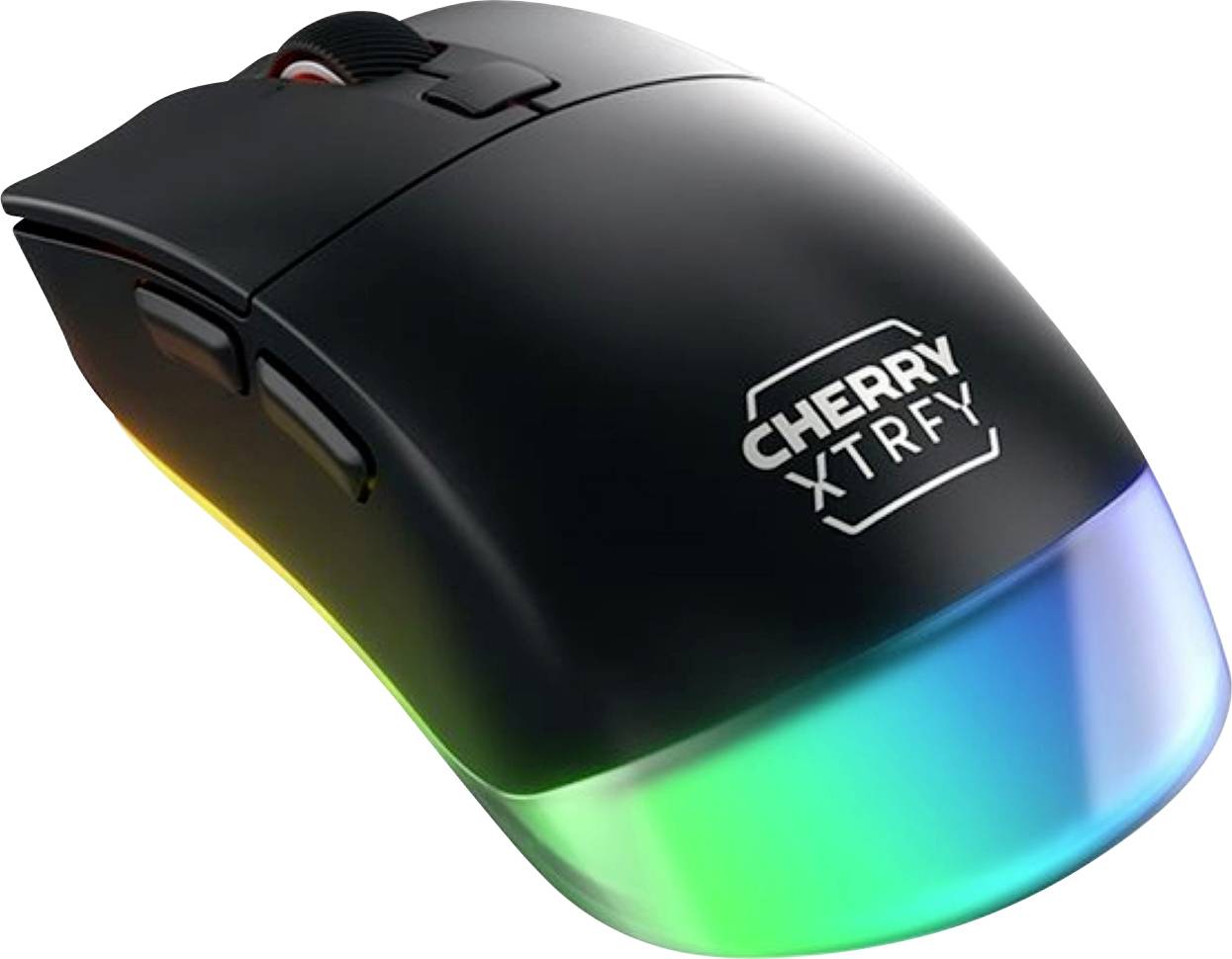 Zwarte Cherry XTRFY draadloze gamingmuis met RGB-verlichte basis en zijknoppen, afgebeeld op een witte achtergrond.