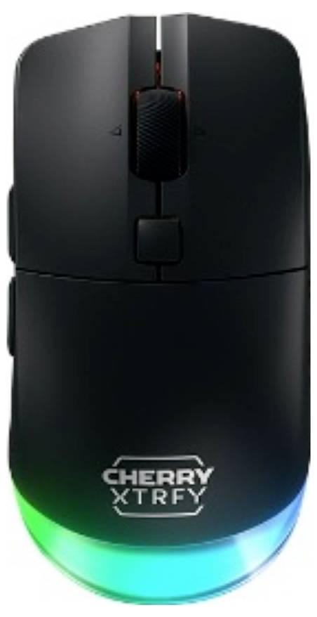 Zwarte draadloze muis met verlichte groen-blauwe basis en 'CHERRY XTRFY'-logo op de handpalrust.