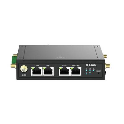 D-Link draadloze router vooraanzicht met GNSS-poort, vier Ethernet-poorten gelabeld LAN4, LAN3, LAN2 en WAN/LAN1, status-LED's en resetknop.