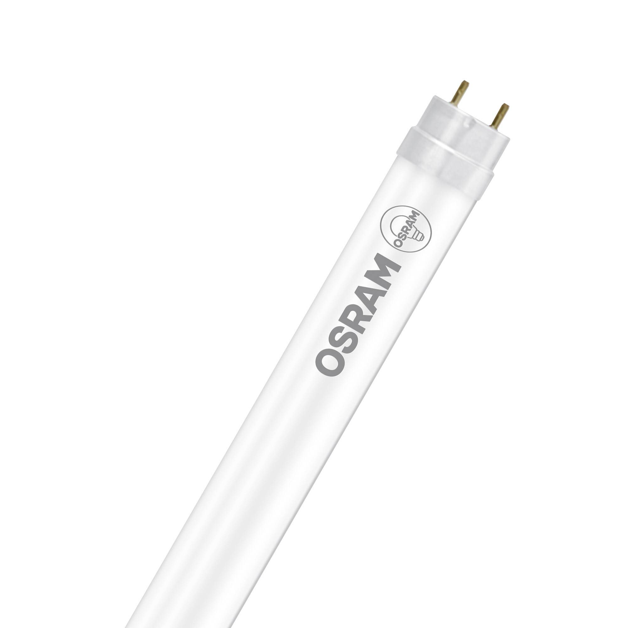 OSRAM-merk witte fluorescentielampbuis met twee-pins connector op een eenvoudige achtergrond.