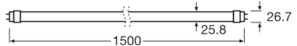 Technische tekening van een lange cilindrische staaf of buis met eindfittingen, gelabeld 1500 lengte, 25,8 diameter en 26,7 totale eindmaat.