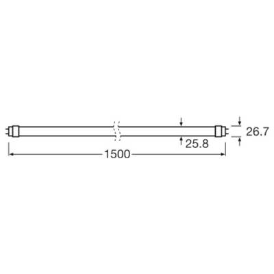 Technische tekening van een lange cilindrische staaf of buis met eindfittingen, gelabeld 1500 lengte, 25,8 diameter en 26,7 totale eindmaat.