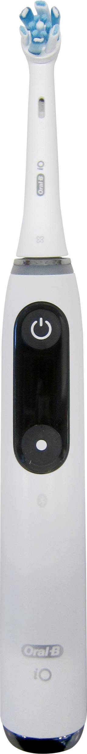 Een elektrische tandenborstel met een blauwe borstelhoofd, aan/uit-knop en Oral-B iO-branding op een wit handvat.