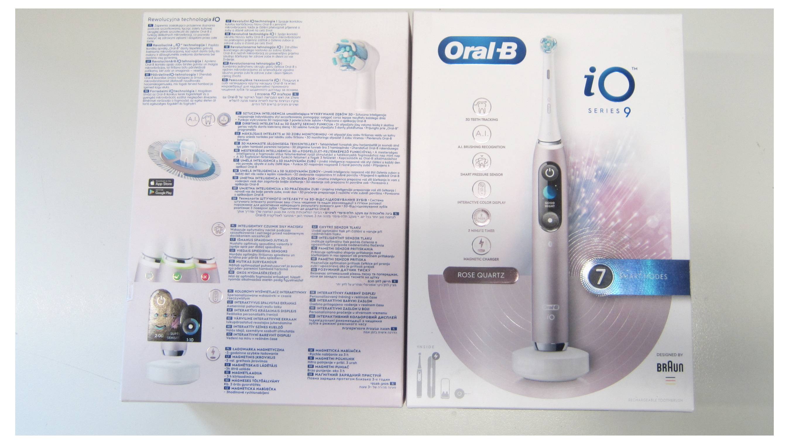 Oral-B iO Series 9 elektrische tandenborstel verpakking, met afbeelding van de tandenborstel, oplaadstation, functies en productinformatie op de doos.