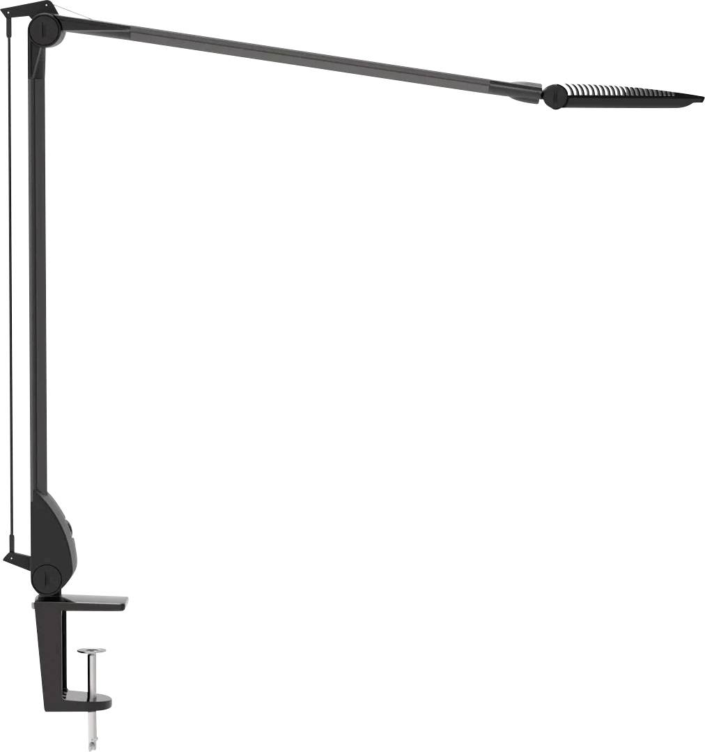Zwarte verstelbare bureaulamp met klemvoet en lange gearticuleerde arm horizontaal uitgestrekt