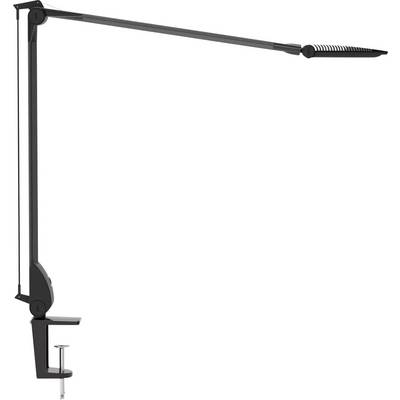 Zwarte verstelbare bureaulamp met klemvoet en lange gearticuleerde arm horizontaal uitgestrekt