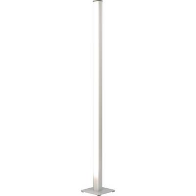 Hoge slanke witte vloerlamp met een rechthoekige zuil en klein vierkant voetje op een effen witte achtergrond.