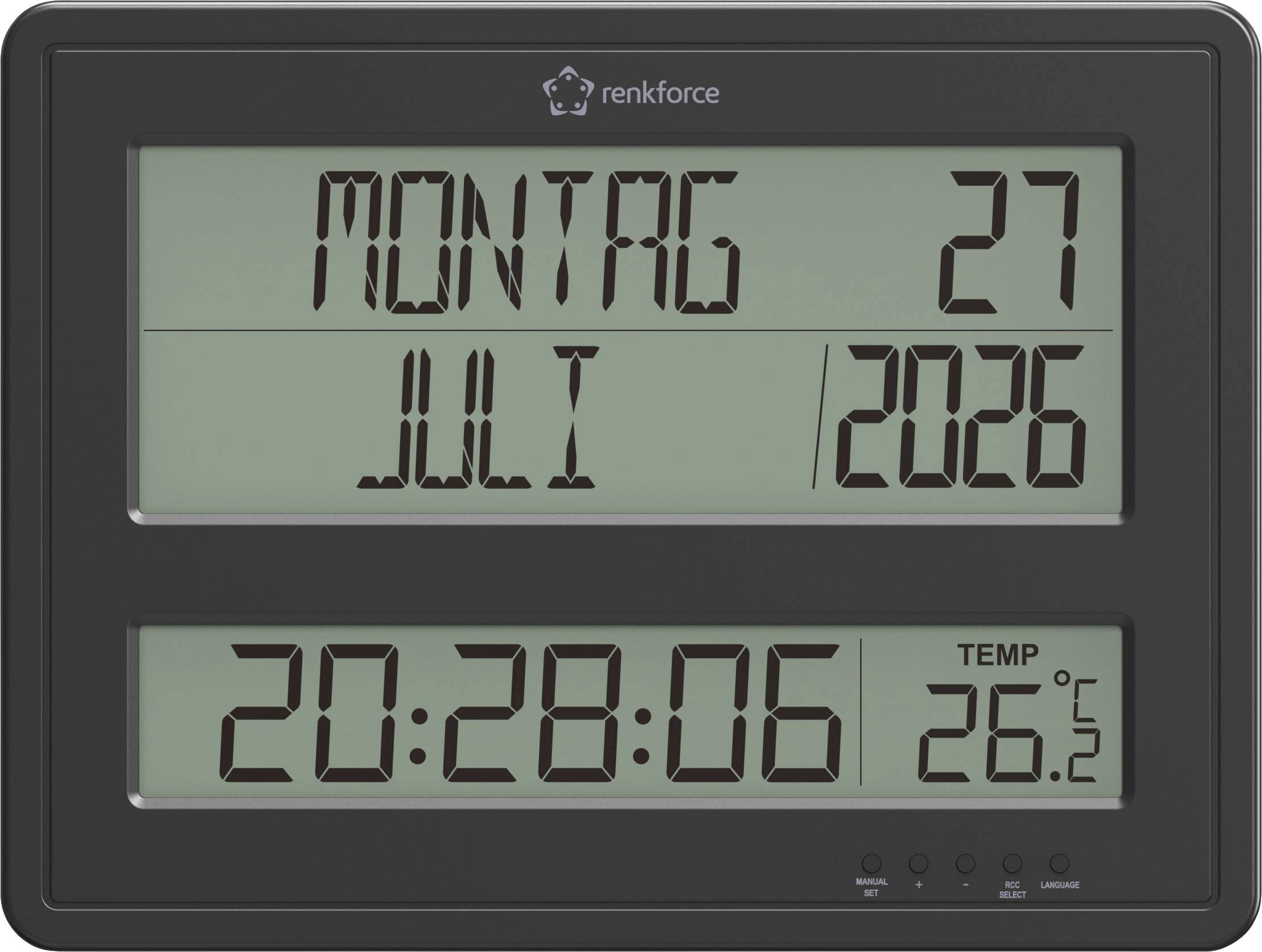 Digitale wandklok toont maandag, 27 juli, 20:28:06 en temperatuur 26,5°C.