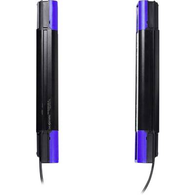 Twee zwart-met-blauwe krultang-stylingtools naast elkaar op een witte achtergrond weergegeven, met netsnoeren die naar beneden hangen.