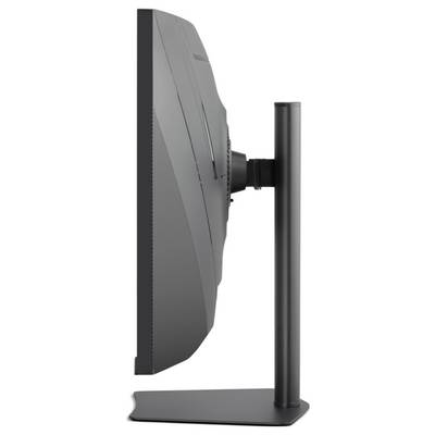 Zijkant van een gebogen computerscherm op een zwart standaard, waarbij het beeldscherm verticaal is gemonteerd.