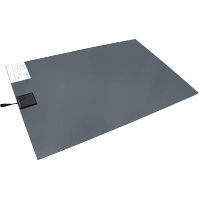 Groot grijs rechthoekig verwarmingsmat met een zwarte stroomsteker en een klein instructielabel bevestigd in de hoek.