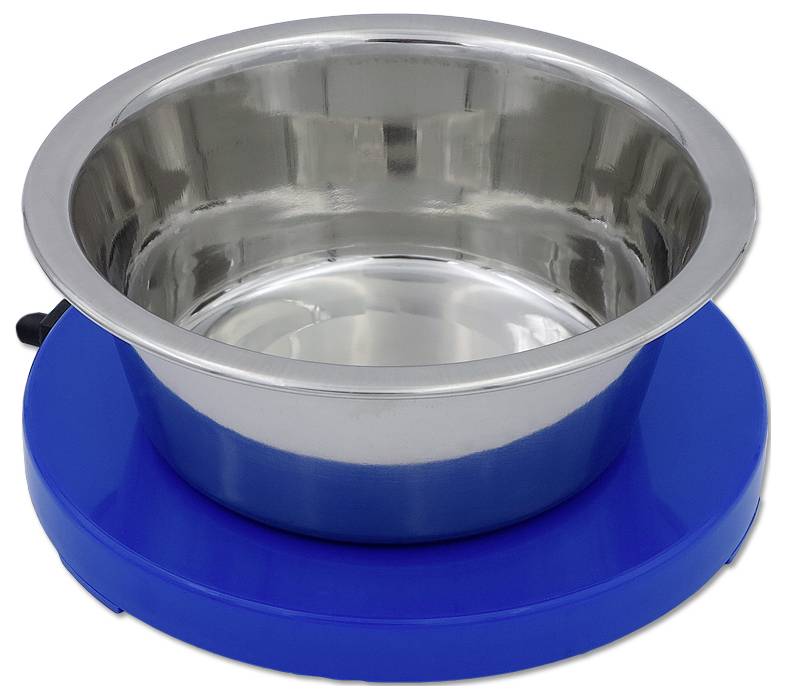 Roestvrij stalen kom op een blauwe ronde basis, waarschijnlijk een voer- of waterschaal voor huisdieren.