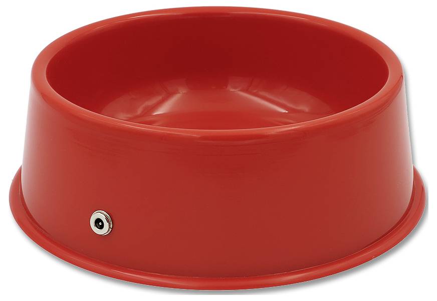 Rode plastic huisdierenbak met een lage, brede vorm en een kleine metalen schroef of klep aan de zijkant, weergegeven op een witte achtergrond.