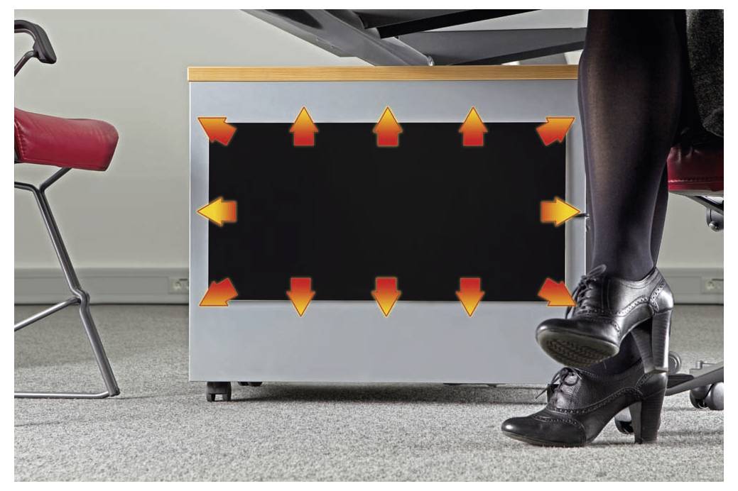 Zwart rechthoekig paneel op een bureau of kast met oranje pijlen die van alle zijden naar binnen wijzen, naast benen van zittende personen en stoelen in een kantoorachtige ruimte.