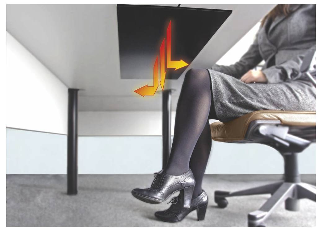 Kantoormedewerker zittend aan een bureau met oranje pijlen onder het tafelblad die slechte beenruimte of oncomfortabele houding aangeven.