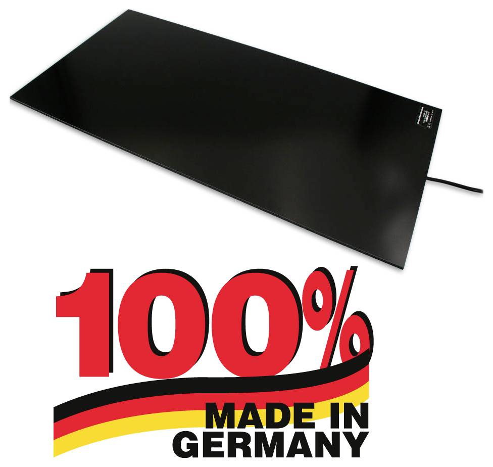 Zwart rechthoekig elektrisch verwarmingspaneel weergegeven boven een '100% MADE IN GERMANY'-label met kleuren van de Duitse vlag.