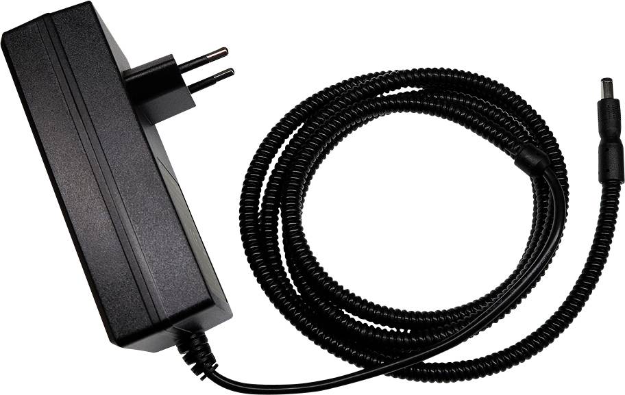 Zwarte stroomadapter met tweepins stekker en spiraalvormige kabel eindigend in een barrelconnector.