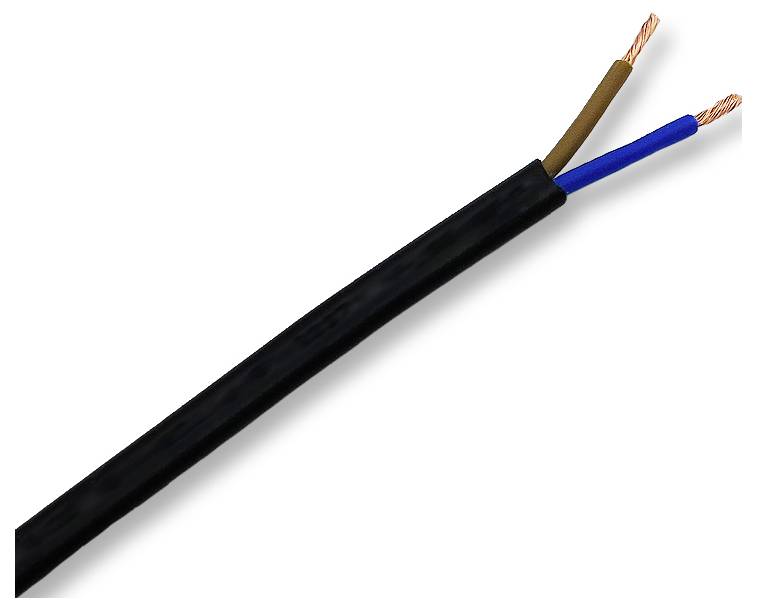 Zwart elektrisch snoer met twee blootgestelde koperdraad, één bruin en één blauw, uitstekend aan het uiteinde.