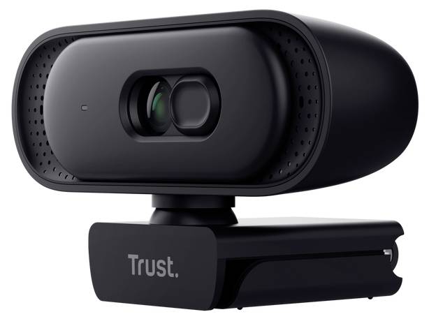 Black Trust webcam met centraalgelegen lens en ingebouwde clipbevestiging, getoond op een witte achtergrond.