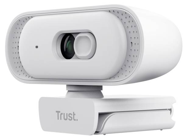 Witte Trust-merkwebcam met lens en privacyschuifje op een clipbevestiging, getoond op een effen achtergrond.