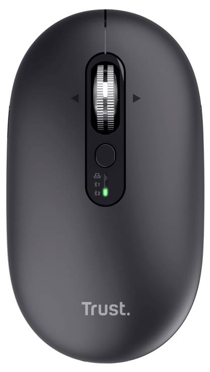Draadloze Black Trust computermuis van bovenaf gezien, met scrollwiel, zijknoppen en groen batterij-indicatielampje aan.