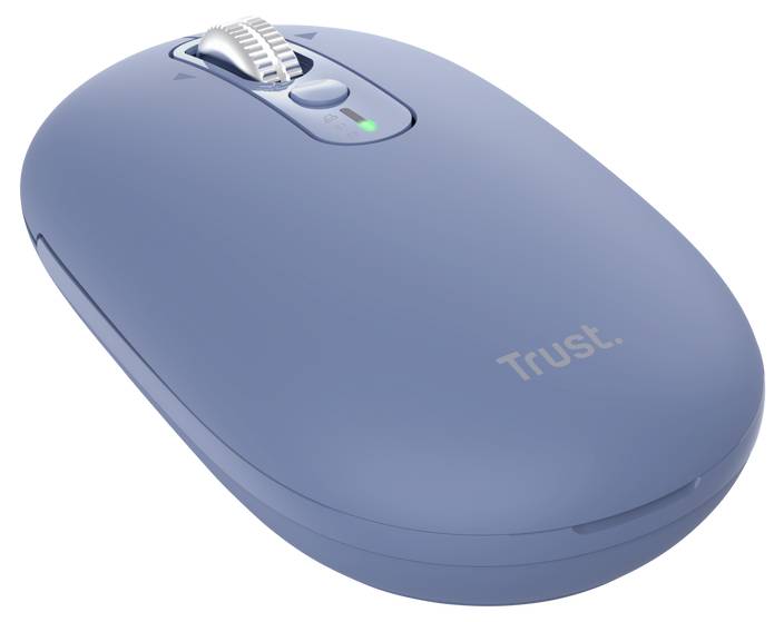 Blauwe Trust draadloze computermuis met scrollwiel en kleine groene indicatielamp, weergegeven op een witte achtergrond.